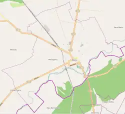 Mapa konturowa Warki, w centrum znajduje się punkt z opisem „Centrum Sportu i Rekreacji”