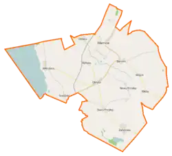 Mapa konturowa gminy Warnice, u góry nieco na prawo znajduje się punkt z opisem „Warnice”