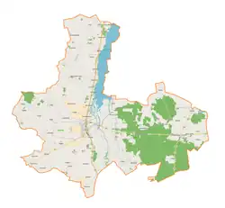 Mapa konturowa gminy Warta, na dole nieco na lewo znajduje się punkt z opisem „Jakubice”