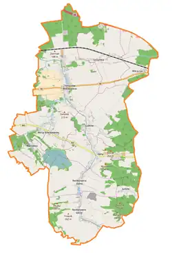 Mapa konturowa gminy Warta Bolesławiecka, na dole znajduje się punkt z opisem „Raciborowice Dolne”