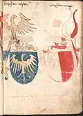 Herb księstwa cieszyńskiego (po lewej) w herbarzu z Wernigerode (~1486–1492)