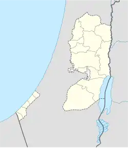 Mapa konturowa Palestyny, na dole po lewej znajduje się punkt z opisem „Rafah”