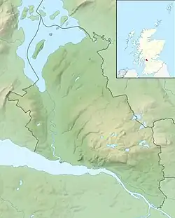 Mapa konturowa West Dunbartonshire, po lewej znajduje się punkt z opisem „źródło”, natomiast na dole nieco na lewo znajduje się punkt z opisem „ujście”