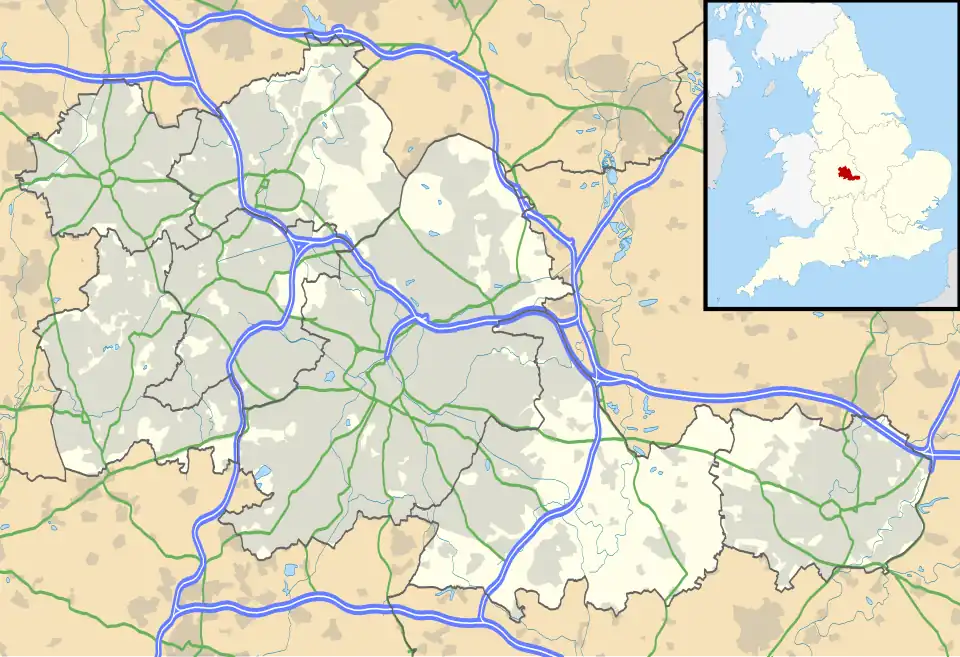 Mapa konturowa West Midlands, na dole po prawej znajduje się punkt z opisem „University of Warwick”