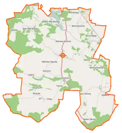 Mapa konturowa gminy Wiśniew, blisko górnej krawiędzi znajduje się punkt z opisem „Mościbrody”