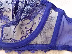 Widok na miseczkę i fiszbinę granatowego, koronkowego biustonosza - widoczna granica między miseczką a obwodem