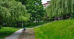 Wnętrze osiedla, w tle – blok przy ul. Ugorek 1