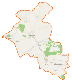 Mapa konturowa gminy Wielichowo, po lewej znajduje się punkt z opisem „Parafiapw. Świętego Mikołajaw Prochach”