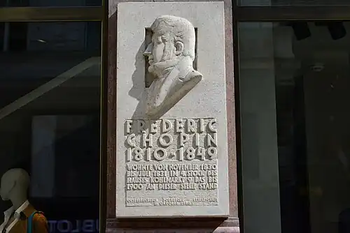 Tablica pamiątkowa w miejscu zamieszkania Fryderyka Chopina w l. 1830-31