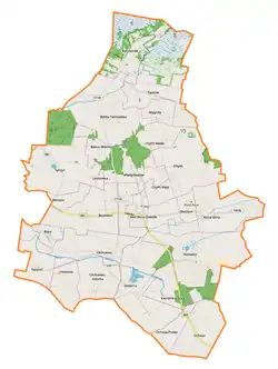 Mapa konturowa gminy Wierzbica, po lewej znajduje się punkt z opisem „Syczyn”
