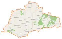 Mapa konturowa gminy Wierzbinek, po lewej nieco u góry znajduje się punkt z opisem „Racięcin”