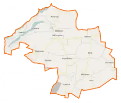Mapa konturowa gminy Wilczyn, po lewej znajduje się punkt z opisem „Zygmuntowo”