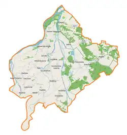 Mapa konturowa gminy Wilków, u góry znajduje się punkt z opisem „Skarpa Dobrska”