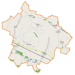 Mapa konturowa gminy Wilków, po lewej nieco u góry znajduje się punkt z opisem „Parafia Oczyszczenia Najświętszej Maryi Panny w Bukowiu”