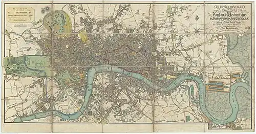 Plan Londynu z 1817 r.; West India Docks widoczne blisko prawej (wschodniej) krawędzi mapy