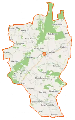 Mapa konturowa gminy Winnica, u góry po prawej znajduje się punkt z opisem „Budy-Zbroszki”