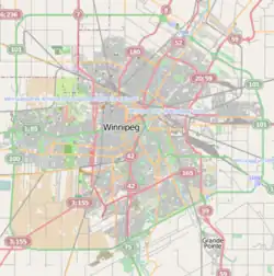 Mapa konturowa Winnipeg, na dole znajduje się punkt z opisem „Princess Auto Stadium”