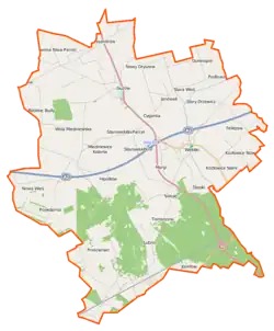 Mapa konturowa gminy Wiskitki, blisko centrum na prawo znajduje się punkt z opisem „Wiskitki”