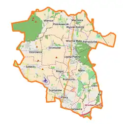 Mapa konturowa gminy Wisznia Mała, po lewej znajduje się punkt z opisem „Szewce”