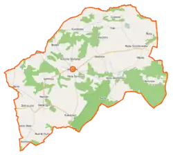 Mapa konturowa gminy Wodynie, blisko centrum na lewo znajduje się punkt z opisem „Parafia św. Apostołów Piotra i Pawła”