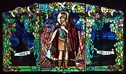 Witraż przedstawiający św. Floriana, wykonany z okazji 50-lecia Towarzystwa Wzajemnych Ubezpieczeń, obecnie w Muzeum Witrażu w Krakowie