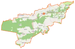 Mapa konturowa gminy Wyśmierzyce, u góry po prawej znajduje się punkt z opisem „Redlin”