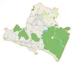 Mapa konturowa gminy Wyry, blisko centrum na prawo u góry znajduje się punkt z opisem „Wyry”