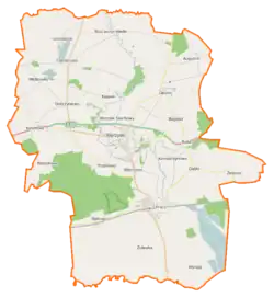 Mapa konturowa gminy Wyrzysk, u góry po lewej znajduje się punkt z opisem „Falmierowo”