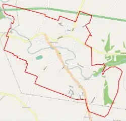 Mapa konturowa Wyrzyska, w centrum znajduje się punkt z opisem „Parafia św. Marcina Biskupa”