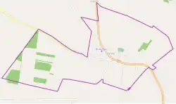 Mapa konturowa Wysokiej, po prawej nieco na dole znajduje się punkt z opisem „Kościół Matki Bożej Różańcowej w Wysokiej”