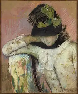 Mary Cassatt, Młoda kobieta w czarno-zielonym kapeluszu, 1890, pastel na welinie