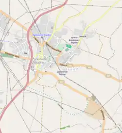 Mapa konturowa Ząbkowic Śląskich, blisko centrum na lewo znajduje się punkt z opisem „Afera grabarzy z Frankenstein”