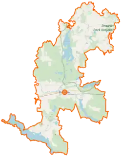 Mapa konturowa gminy Złocieniec, u góry nieco na prawo znajduje się punkt z opisem „Chlebowo”