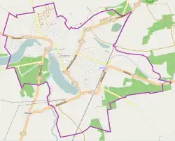 Mapa konturowa Złotowa, blisko centrum na prawo znajduje się punkt z opisem „Media Expert”