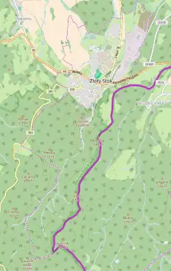 Mapa konturowa Złotego Stoku, u góry nieco na prawo znajduje się punkt z opisem „Złoty Stok”