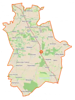 Mapa konturowa gminy Załuski, po lewej nieco na dole znajduje się punkt z opisem „Naborowo”