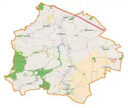 Mapa konturowa gminy Zagrodno, na dole po lewej znajduje się ikonka zamku z wieżą z opisem „Zamek Grodziec”