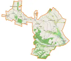 Mapa konturowa gminy Zakrzew, blisko górnej krawiędzi po lewej znajduje się punkt z opisem „Majdan Starowiejski”