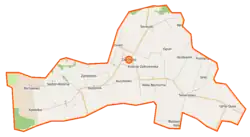 Mapa konturowa gminy Zakrzewo, w centrum znajduje się punkt z opisem „Zakrzewo”