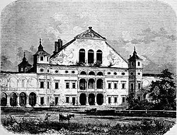 Rycina nieistniejącego już pałacu w stanie po przebudowie w latach 1760–1762