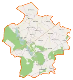 Mapa konturowa gminy Zaniemyśl, blisko centrum po prawej na dole znajduje się punkt z opisem „Czarnotki”