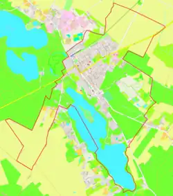 Mapa konturowa Zaniemyśla, na dole znajduje się owalna plamka nieco zaostrzona i wystająca na lewo w swoim dolnym rogu z opisem „Jezioro Raczyńskie”