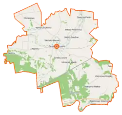 Mapa konturowa gminy Zaręby Kościelne, blisko centrum na prawo znajduje się punkt z opisem „Grabowo”