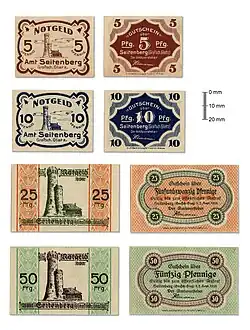 Motyw dzwonka na pięcio i dziesięciofenigowych notgeldach Stronia Śląskiego z 1920 roku.