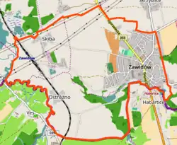 Mapa konturowa Zawidowa, po lewej nieco u góry znajduje się punkt z opisem „Zawidów”