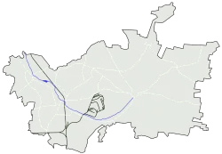 Mapa konturowa Zawiercia, blisko górnej krawiędzi po prawej znajduje się ikonka zamku z wieżą z opisem „Zamek Bąkowiec”
