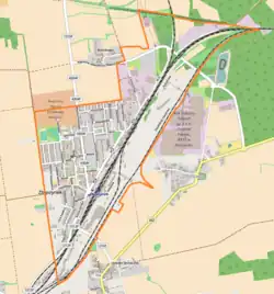 Mapa konturowa Zbąszynka, po lewej znajduje się punkt z opisem „Parafia Macierzyństwa Najświętszej Maryi Panny”