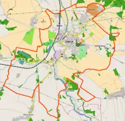 Mapa konturowa Ziębic, u góry znajduje się punkt z opisem „Ziębice”