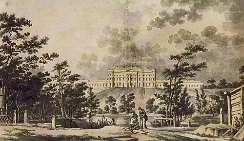 Zamek na akwareli Zygmunta Vogla Widok koszar ujazdowskich od strony Łazienek (1789)