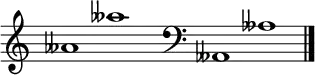 
\new Staff \with
{
  \omit TimeSignature
  fontSize = #2
  \override StaffSymbol.staff-space = #1.25
  \override StaffSymbol.thickness = #1.25
  \override Clef.full-size-change = ##t
  \override BarLine.hair-thickness = #2.4
  \override BarLine.thick-thickness = #7.5
  \override BarLine.kern = #3.75
  \override BarLine.transparent = ##t
}
{
  \time 18/8
  \clef treble
  s8
  ases'1 ases''
  s8
  \grace s8
  \clef bass
  \bar "|"
  s8
  ases,1 ases
  \override Staff.BarLine.transparent = ##f
  \bar "|."
}
